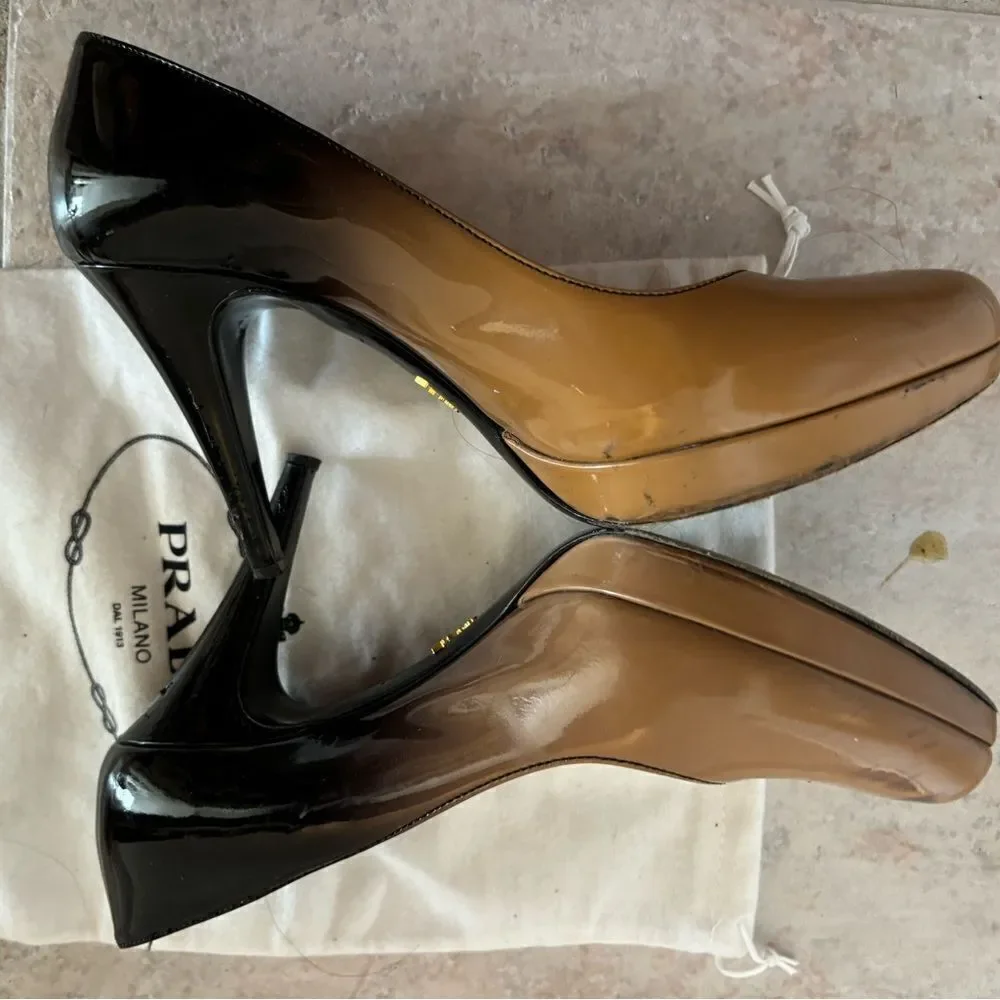 Prada dress shoes Ombre Platform High Heels sexy Pumps tan black colorblock